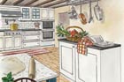 an illustration of a modernized farmhouse-style kitchen