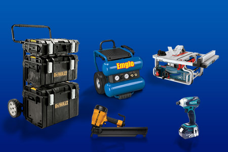 (clockwise from left) tote system, air compressor, table saw, impact driver and framing nailer