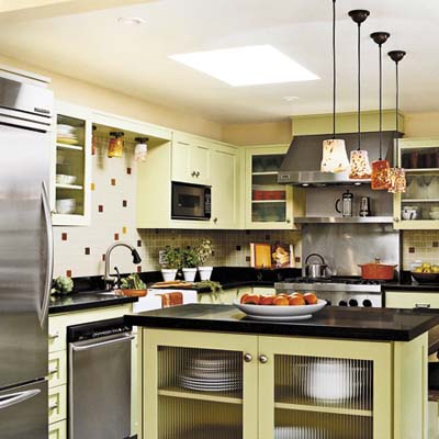 Kitchen  on Modern Light Colored Kitchen Design With Colorful Pending Light