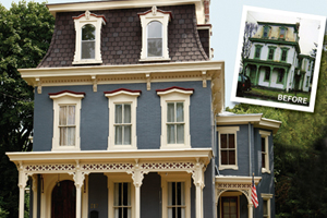 photo of finished Second Empire remodel with inset of the house before remodeling