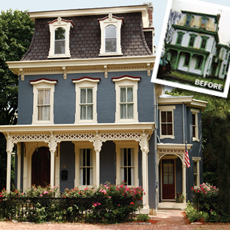 photo of finished Second Empire remodel with inset of the house before remodeling