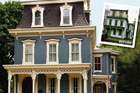 photo of finished Second Empire remodel with inset of the house before remodeling
