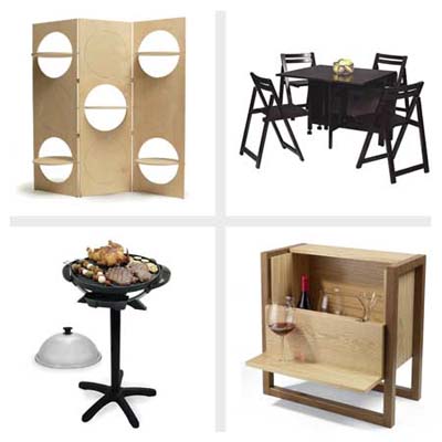 flipper screen, folding dinette, mini bar side table, wall-mounted wine racks