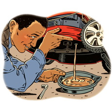 illustration of man draining oil from a lawnmower