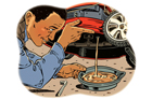 illustration of man draining oil from a lawnmower