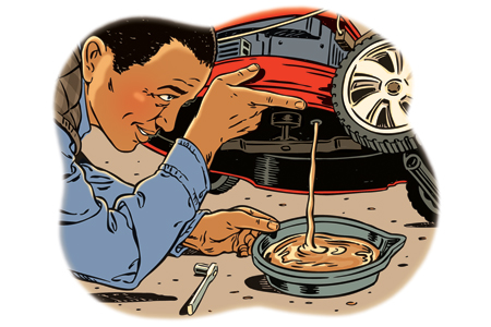 illustration of man draining oil from a lawnmower