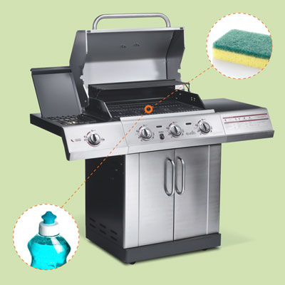 gas grill with inset of dish soap and scrubbing sponge