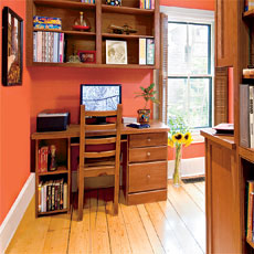 Built-In home office and library with Bonus Bath