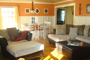 oranges walls with white wainscoting