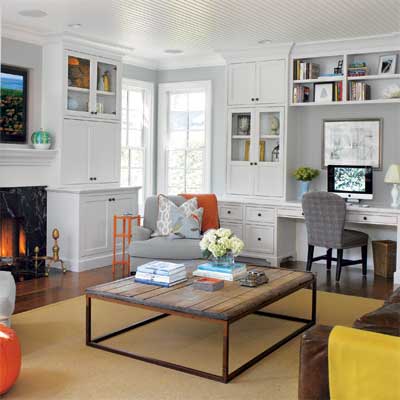 the family room in this remodeled, light-filled colonial home