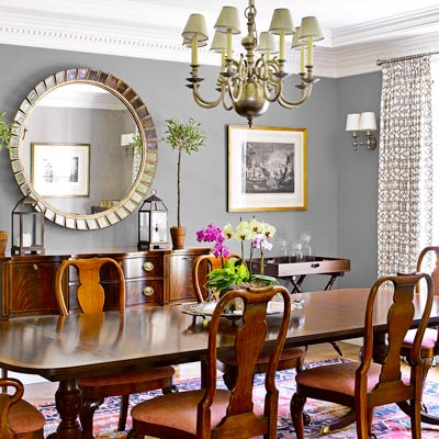 Traditional dining room gray walls salvage details