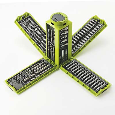 Folded open, the Quadro tower's four legs reveal panels stuffed to the edges with 100 drilling and driving bits. 