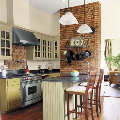 Small Kitchen Lighting Ideas on Small Kitchen With Exposed Brick Wall  Pendant Lighting  And Stainless