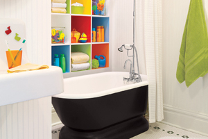remodel of a kid's bathroom with brightly colored walls and cubbies