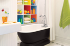 remodel of a kid's bathroom with brightly colored walls and cubbies