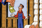 giant Uncle Sam hand giving dollar bill to man in overalls standing next to insulation batts