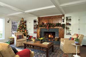 shingle-style cottage living room decorated for Christmas
