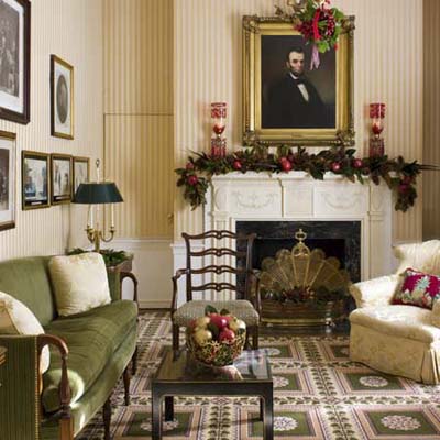 overall view of the Christmas decorations at the Lincoln Room in the Blair House in Washington, DC