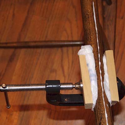 Magazine Poly Bags on Plastic Bags Wedged Between Dowel Being Glued And Scrap Wood Used As