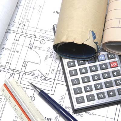ruler, calculator, building plans