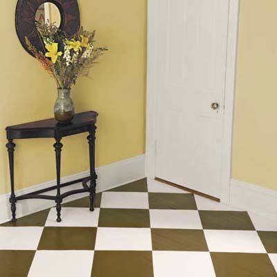 the finished checkerboard-painted wood floor
