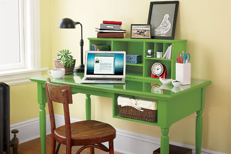 a finished desk with a storage hutch