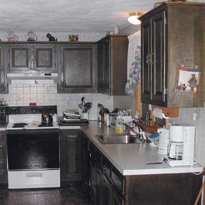 before photo of kitchen with dark wood cabinets, inset of John Dee sanding a cabinet door