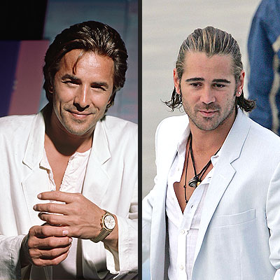 Side by side pics of Don Johnson and Colin Farrell as Sonny Crockett